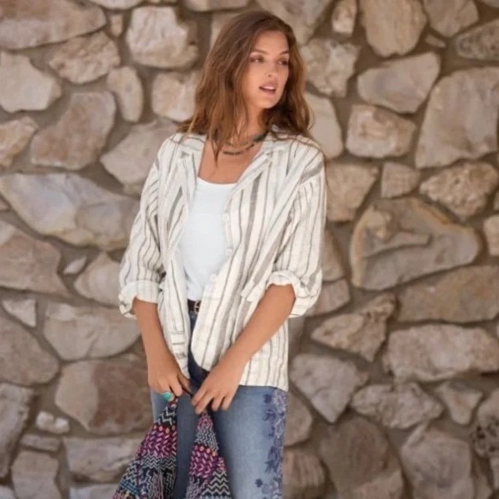 NWT Johnny Was Zona Stripe Linen Jacket Gray & White Women's Size XL - Picture 2 of 12